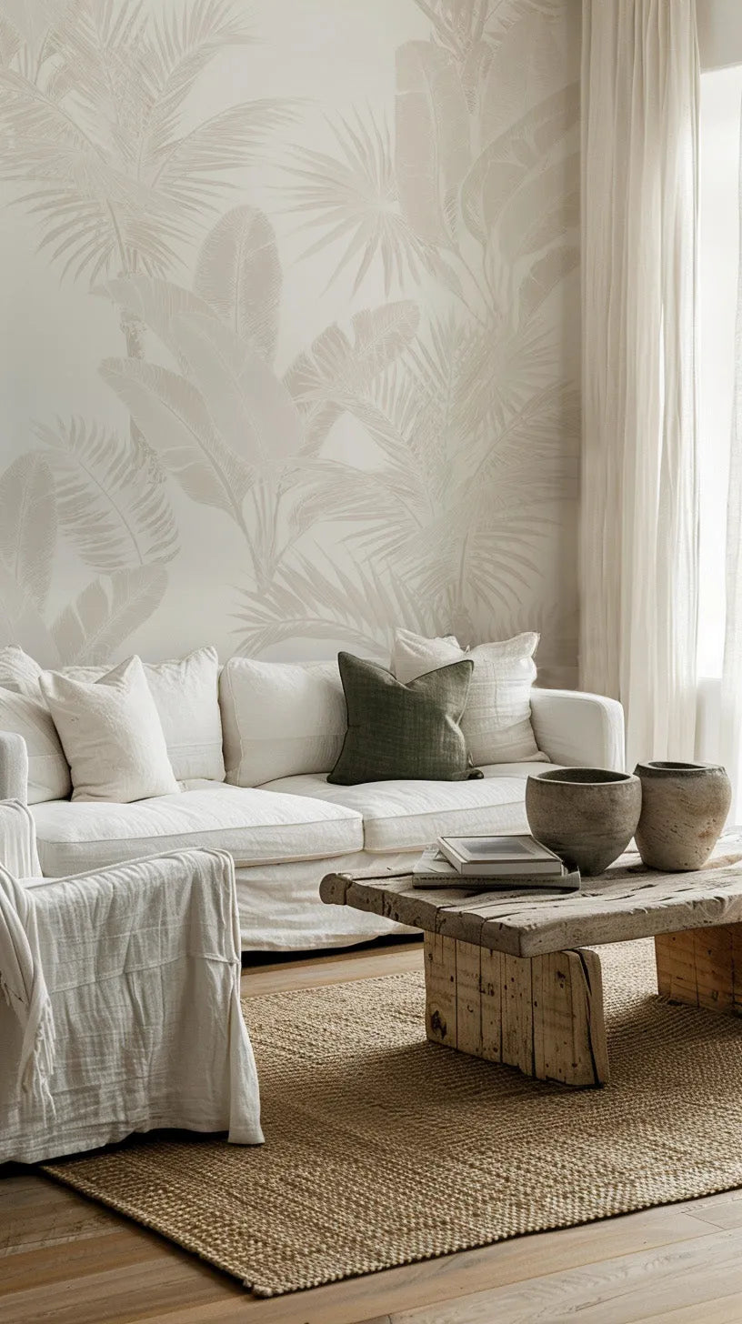 Lifestyle shot of a living room featuring a white sofa with a dark olive green cushion and a rustic wooden coffee table on a woven jute rug. The wall behind the sofa is covered in "Luxe Tropical in Sand" wallpaper, which features a repeating pattern of large-scale tropical leaves, including palm fronds and banana leaves, in a subtle, light beige tone on a slightly lighter cream background, creating a soft, monochromatic, and textured effect.
