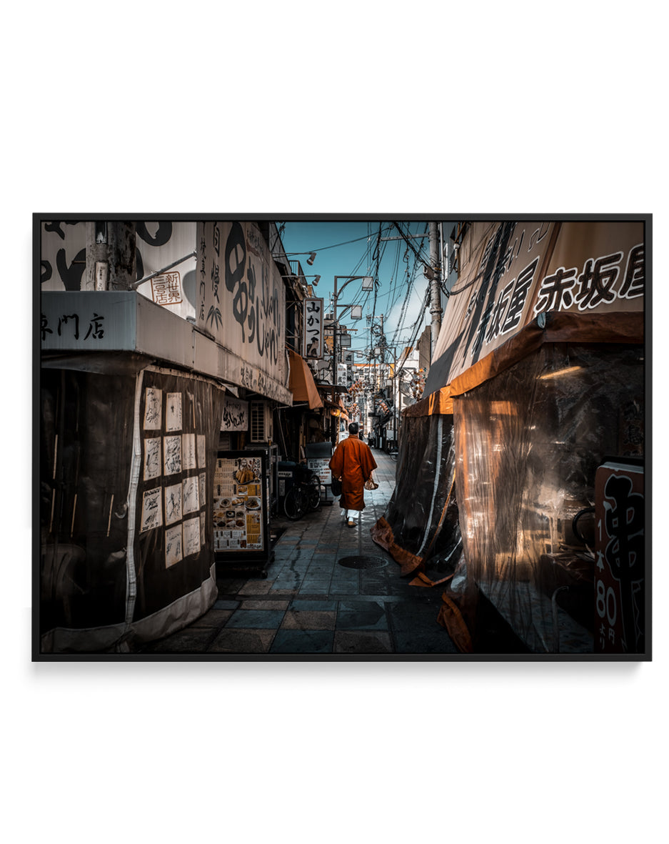 Monk in Japanese Alley by royhoo | Framed Canvas Art Print