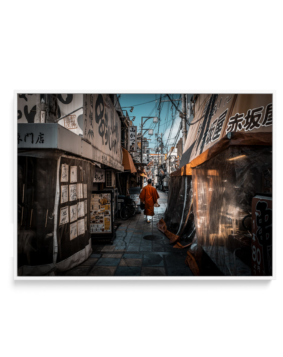 Monk in Japanese Alley by royhoo | Framed Canvas Art Print