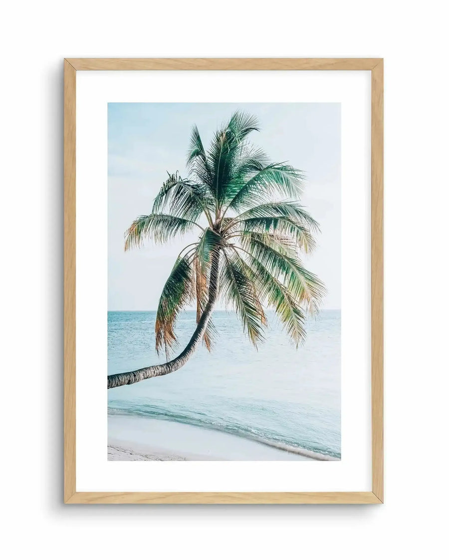 Framed art print of a palm tree leaning over a tropical beach. The photograph features a coconut palm with green and tan fronds bending toward the ocean, with turquoise water and white sand below. The sky is pale blue and hazy. The image is mounted in a natural wood frame with a white border, creating a serene coastal scene with soft, muted tones.