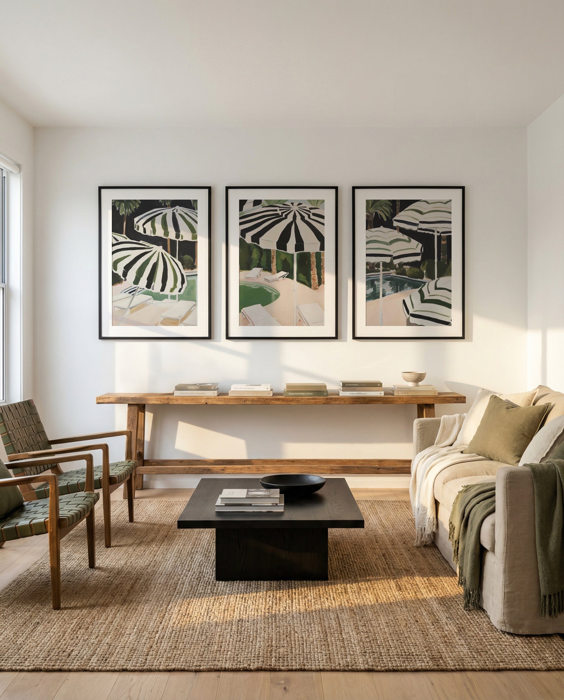 Malibu Chateau I, II & III | 3 Piece Wall Art Set in Green art print oak frame with white border