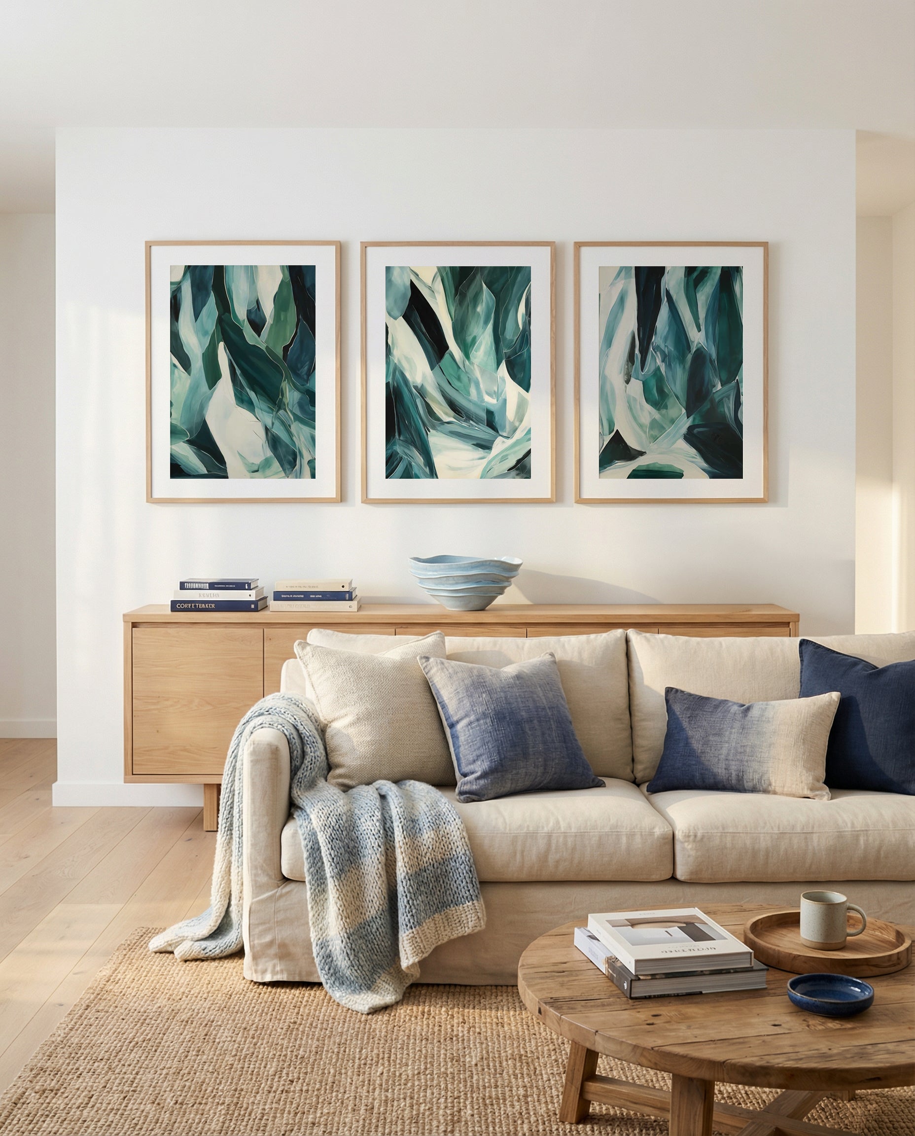 Malibu Seaglass I, II & III | 3 Piece Wall Art Set in Green abstract art print oak frame with white border