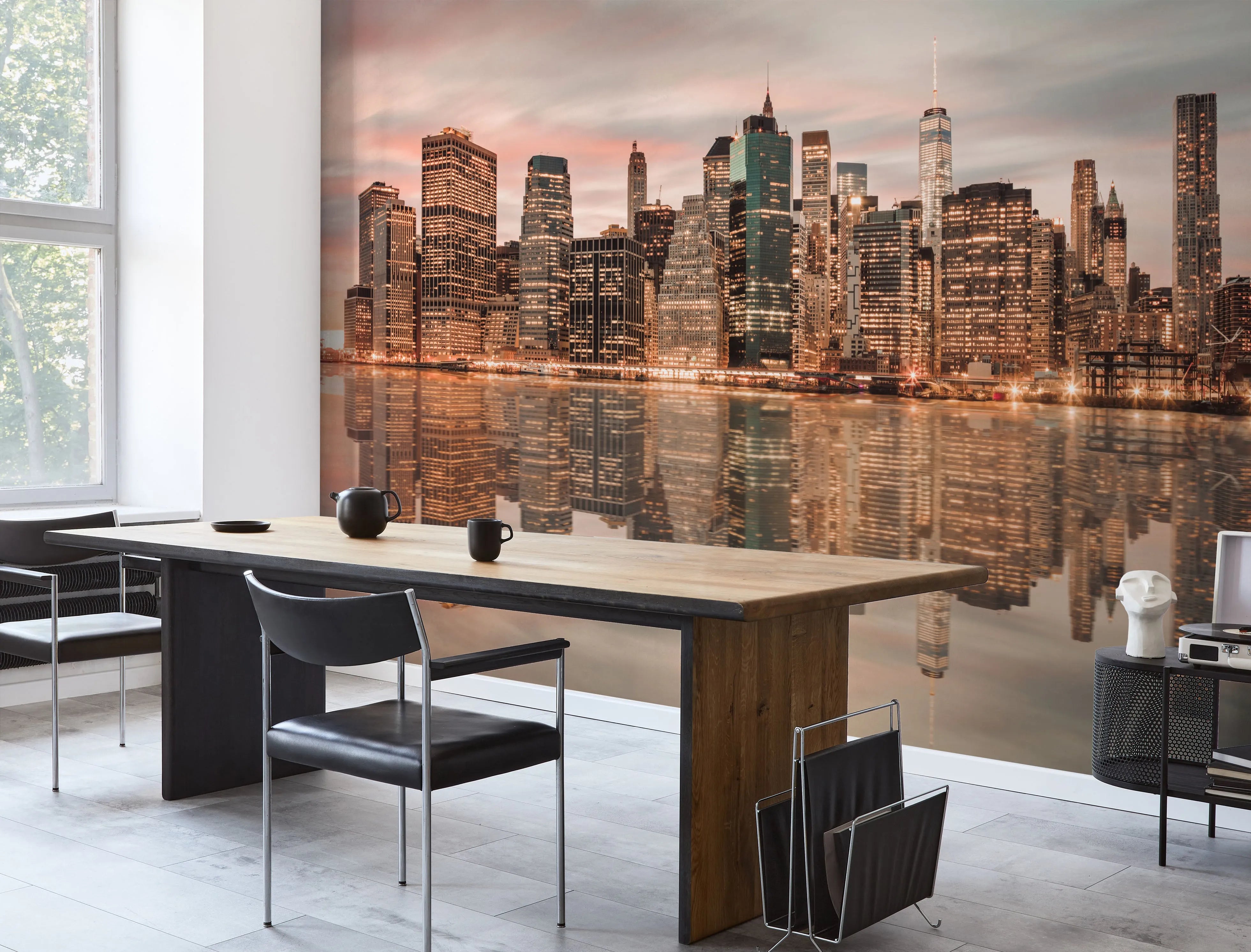 Manhattan Skyline Reflections Photo Mural Wallpaper from Olive et Oriel where you can shop wallpaper and artworks online