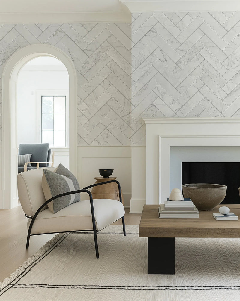 Marble Herringbone Tile Wallpaper from Olive et Oriel where you can shop wallpaper and artworks online