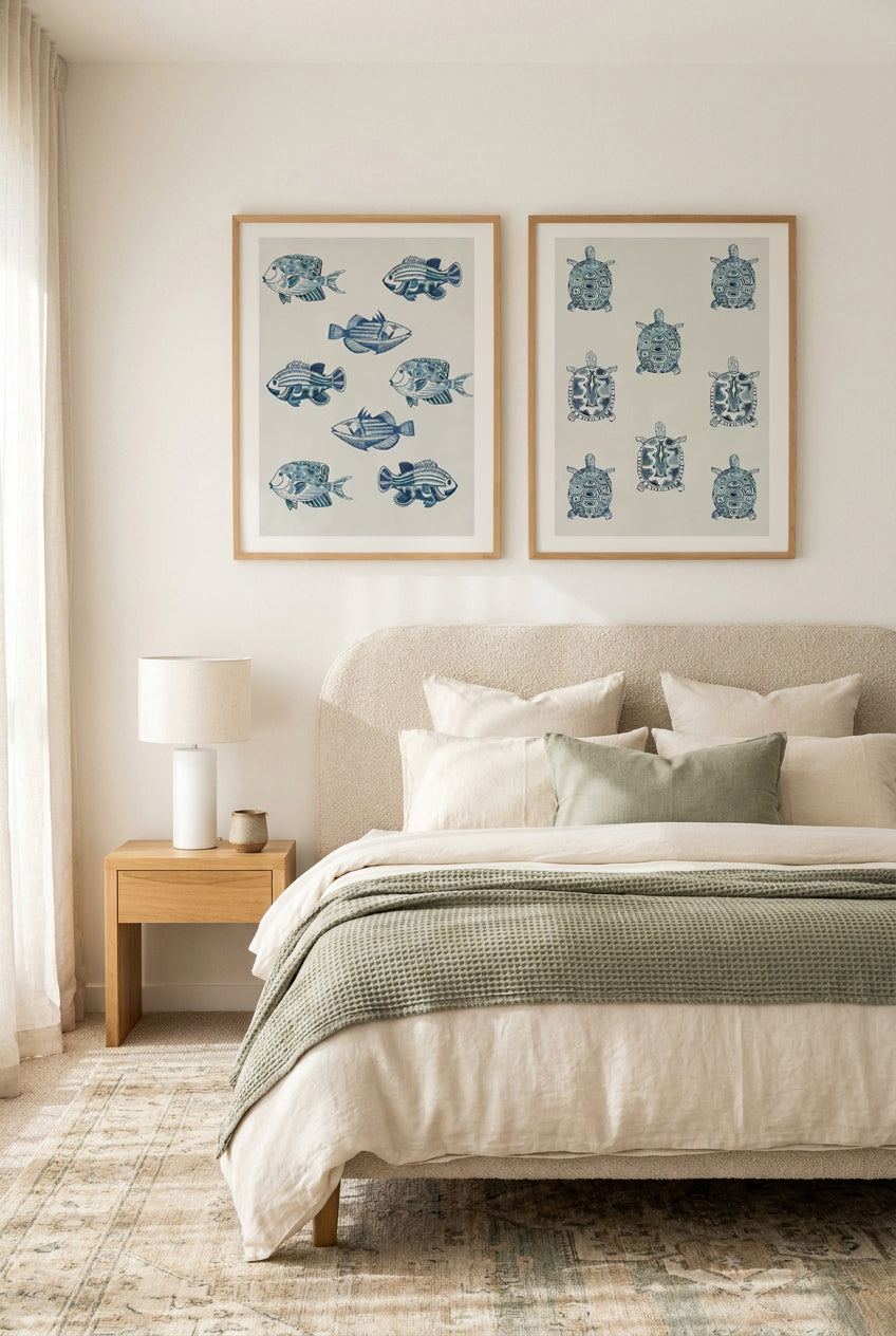 Marine Study Turtle & Marine Study Fish Art Print Set of 2 | Matching Wall Art