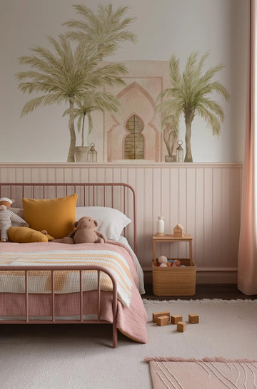 "Peel and stick wallpaper mural featuring a hand-painted desert scene with two large palm trees flanking an arched doorway in a warm, dusty rose building. The watercolour design includes potted plants and lanterns at the base of the palms. The wallpaper is displayed above a pink wainscoting in a child's bedroom with a pink metal bed, striped bedding, and plush toys."