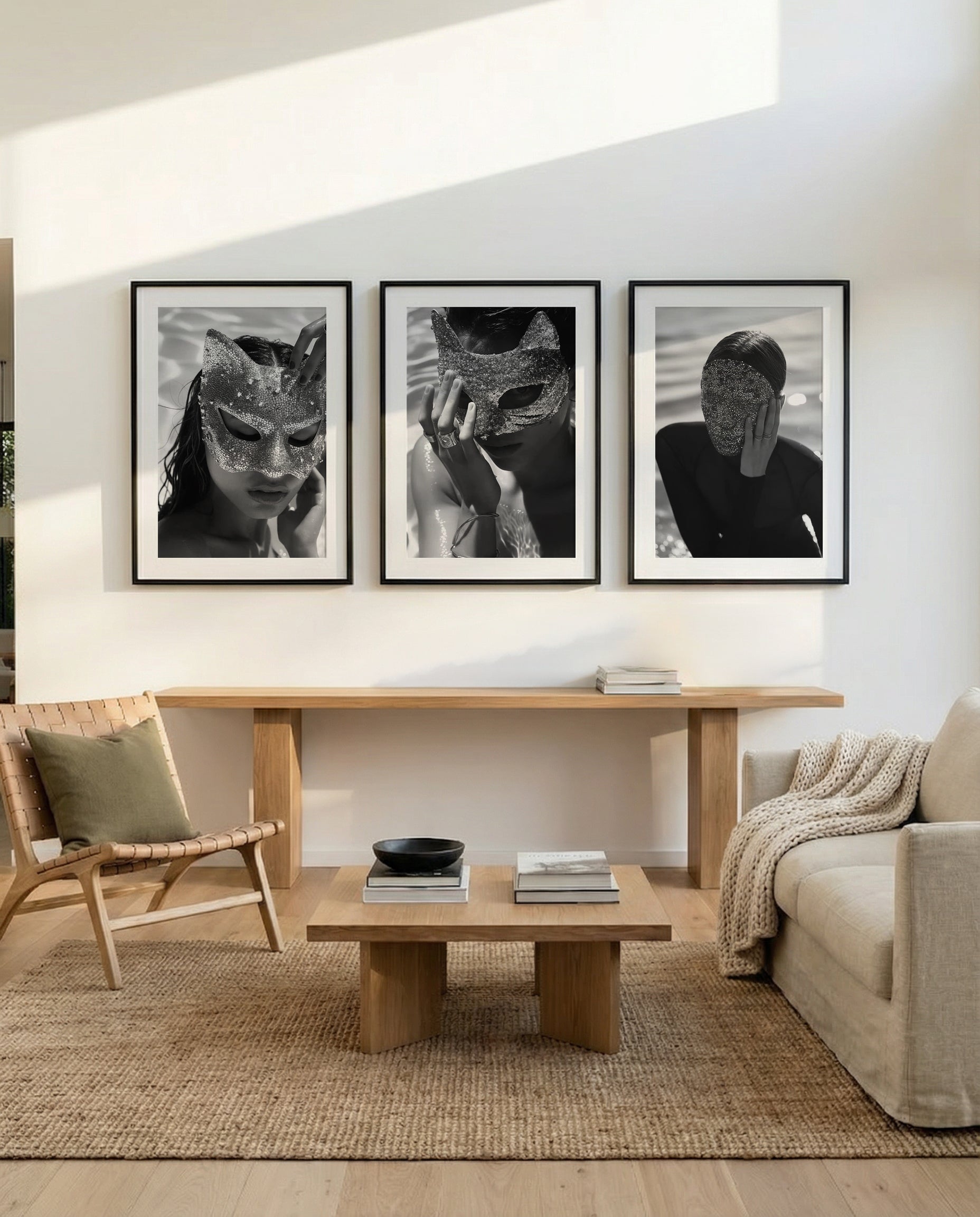 Masked No I, II & III by MJ | 3 Piece Wall Art Set in Black and White art print oak frame with white border
