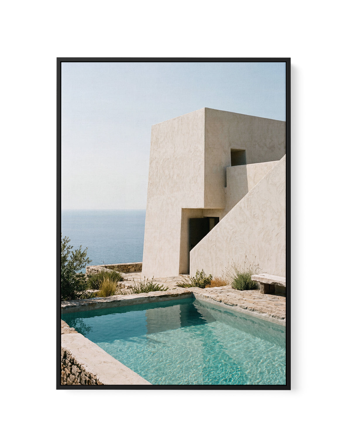 Mediterranean Pool House | Framed Canvas Art Print