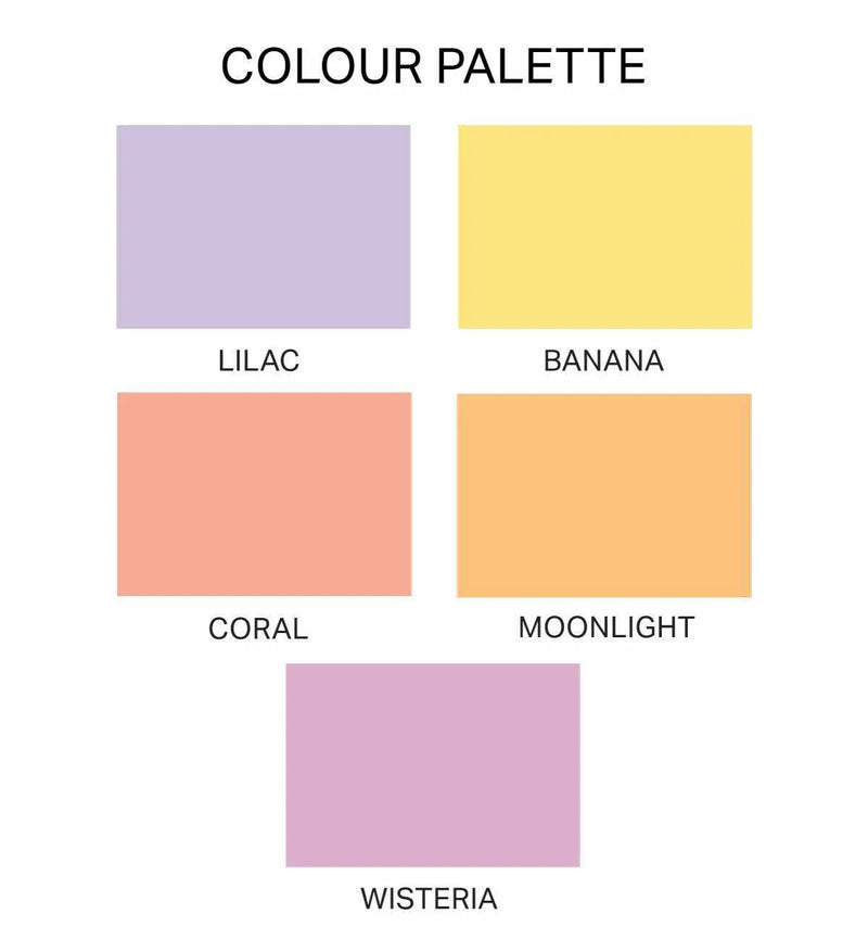 Colour palette featuring five solid colour blocks with their names. Top left is Lilac, a pale purple. Top right is Banana, a soft yellow. Bottom left is Coral, a light peachy-pink. Bottom right is Moonlight, a pale orange. The bottom center block is Wisteria, a medium purple.