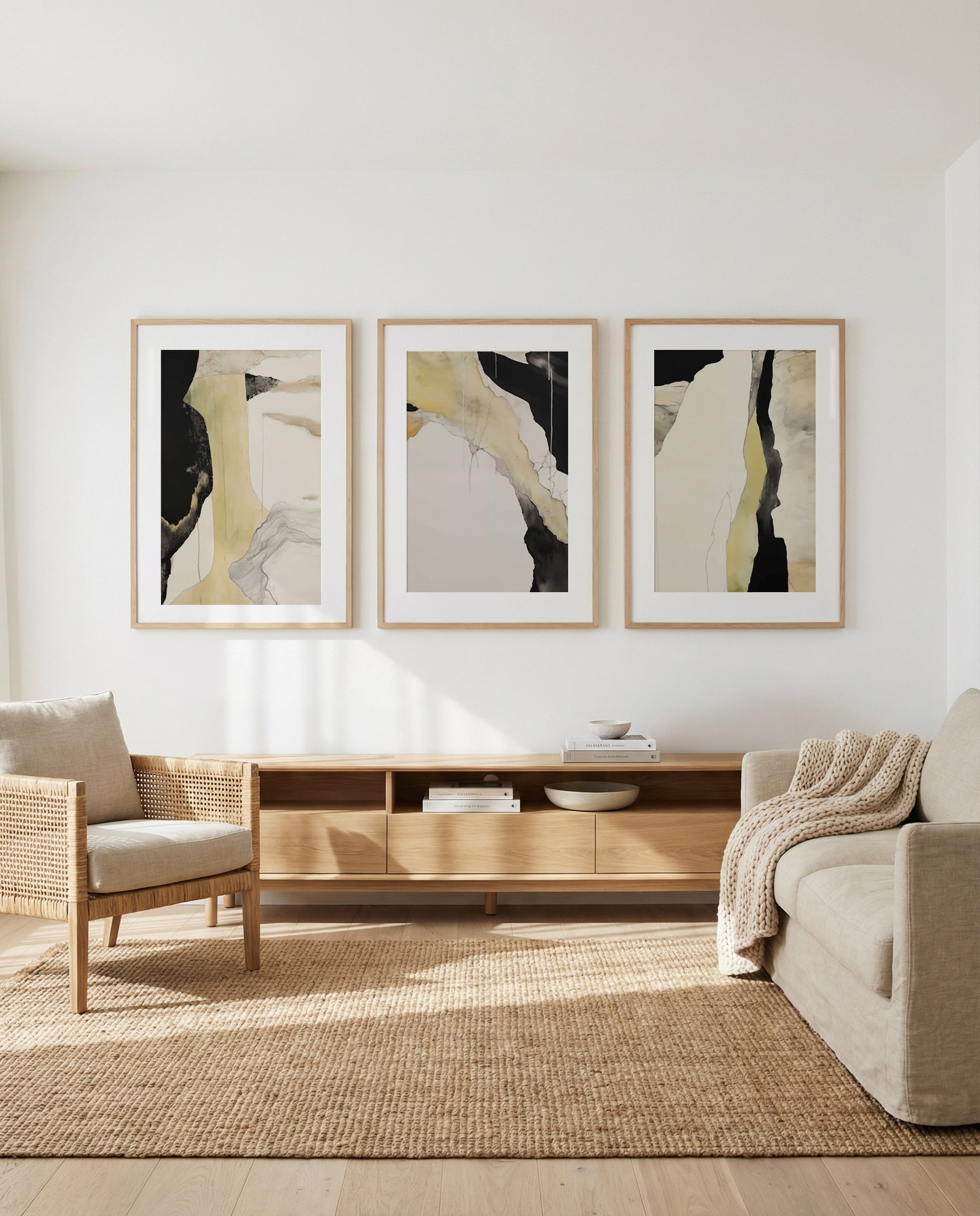 Messa a Terra I, II & III | 3 Piece Wall Art Set in Beige and Black abstract art print oak frame with white border