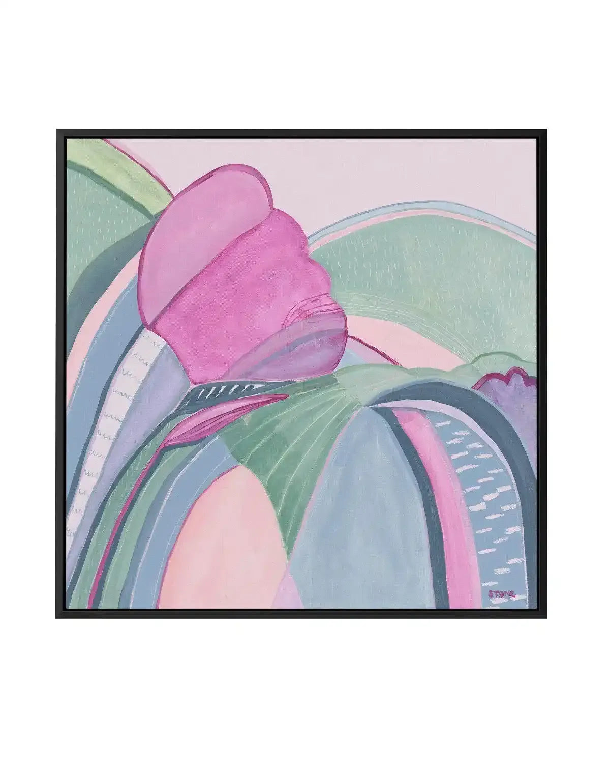 Abstract canvas print featuring a large, stylized pink flower with layered petals in shades of fuchsia and magenta, set against a background of rolling hills in muted greens, pale blues, and soft pinks. The composition has a fluid, painterly quality with visible brushstrokes, and is displayed in a black floating frame.