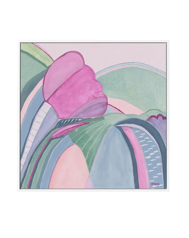 "Gallery-wrapped canvas print featuring an abstract landscape with a large, stylized pink flower in the foreground. The composition includes rolling hills in shades of sage green, light blue, and soft pink, with textured brushstrokes creating a gentle, flowing feel. The artwork has a pastel colour palette and a dreamy, ethereal mood."