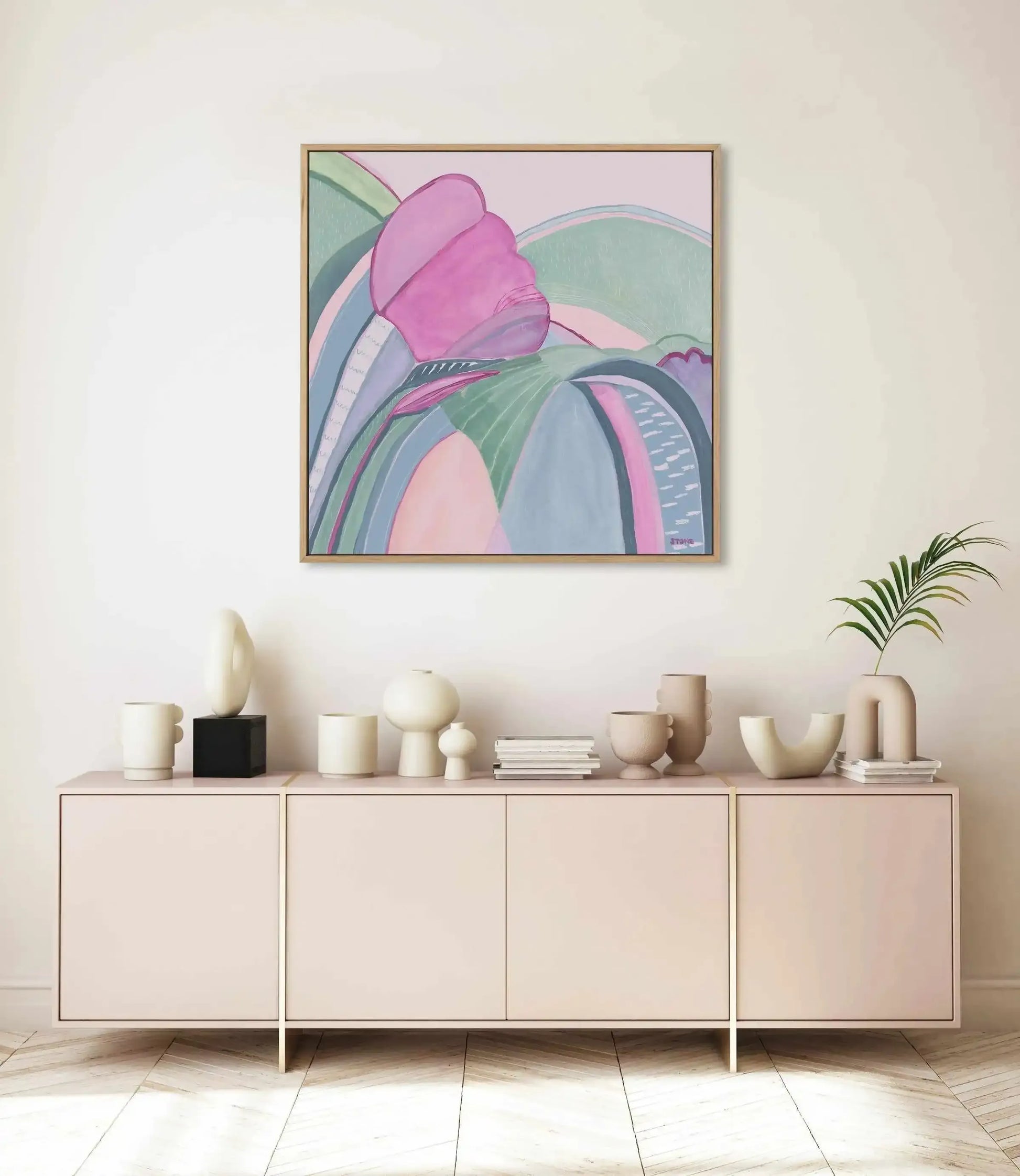 Miami in Bloom by Belinda Stone | Framed Canvas Art Print green pink coastal art print