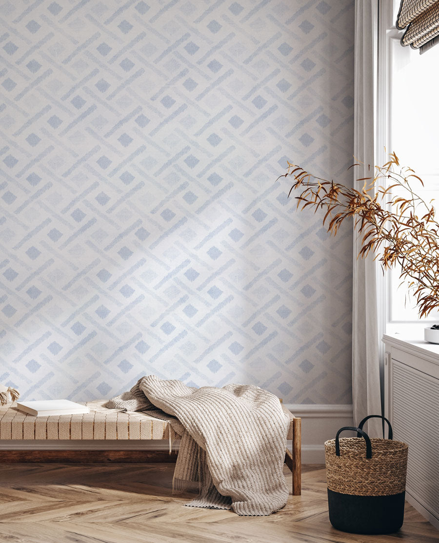 Miara Ikat in Light Blue Wallpaper from Olive et Oriel where you can shop wallpaper and artworks online