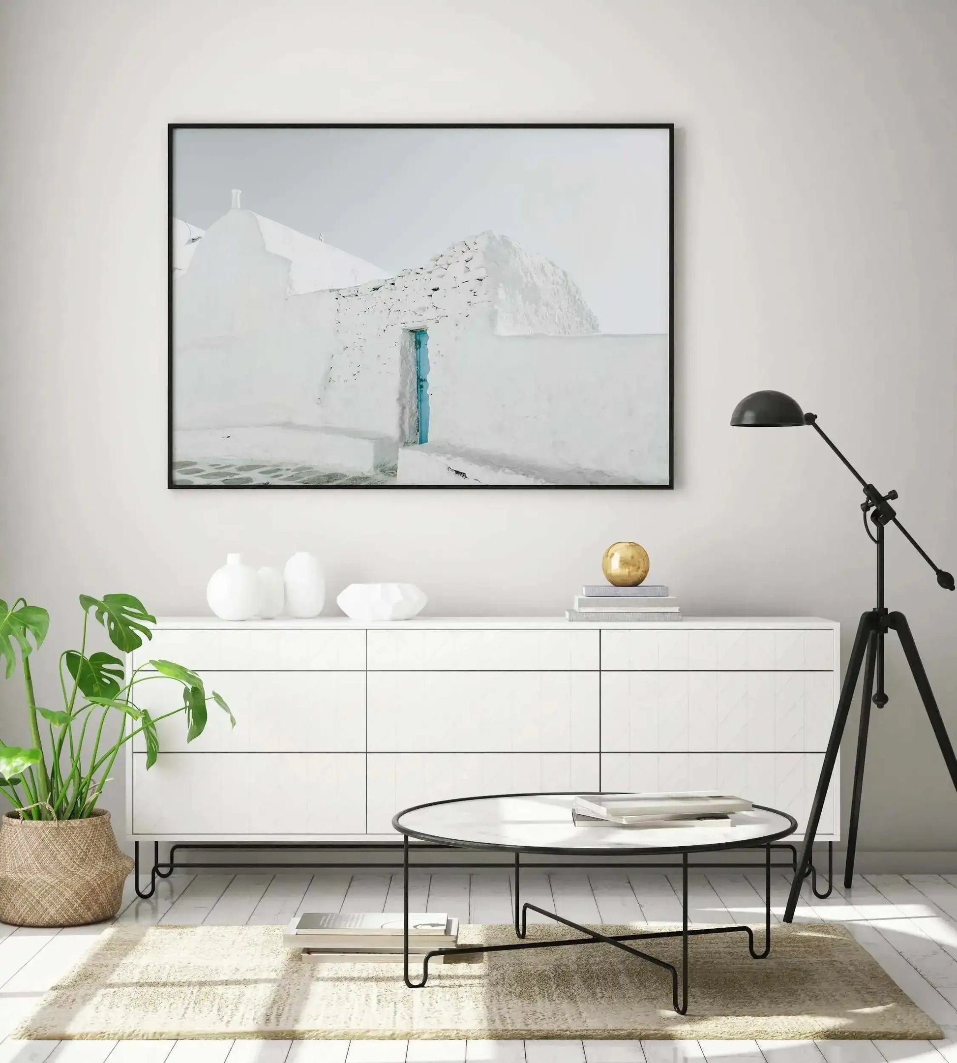 Midday In Mykonos Art Print-Shop Greece Wall Art Prints Online with Olive et Oriel - Our collection of Greek Islands art prints offer unique wall art including blue domes of Santorini in Oia, mediterranean sea prints and incredible posters from Milos and other Greece landscape photography - this collection will add mediterranean blue to your home, perfect for updating the walls in coastal, beach house style. There is Greece art on canvas and extra large wall art with fast, free shipping across A