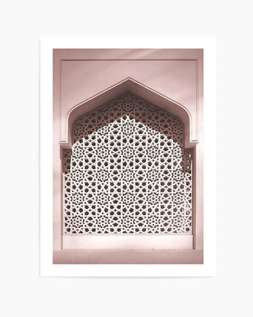 Art print featuring a pale dusty rose architectural detail of a Middle Eastern archway with intricate white geometric latticework, casting subtle shadows on the wall.