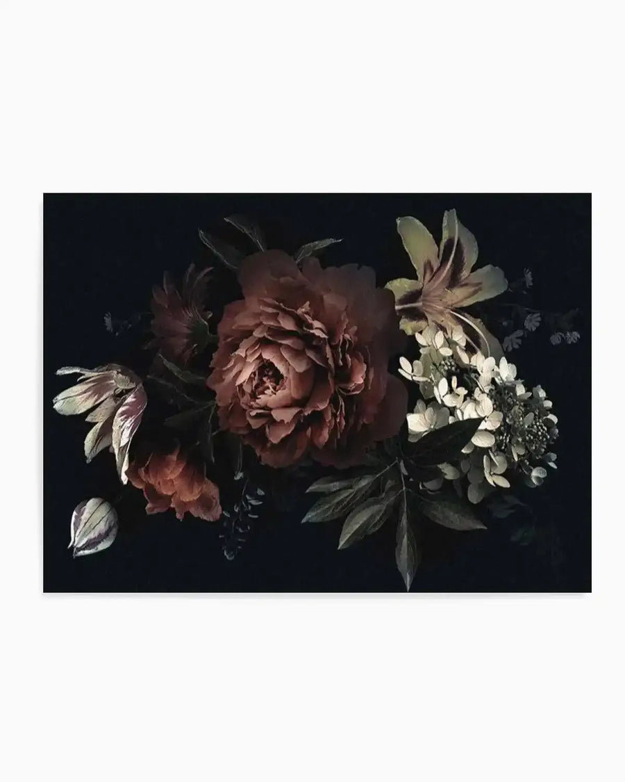 Art print featuring a dark and moody botanical illustration of a bouquet of flowers against a deep black background. The arrangement includes a large, central peony with deep burgundy and reddish-brown petals, a pale yellow and brown striped lily, smaller white and cream hydrangeas, and other dark red and green foliage. The illustration has a painterly, almost chiaroscuro quality, with subtle highlights on the petals and leaves.