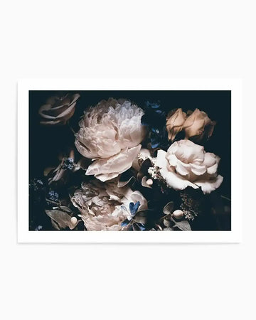 Dark and moody art print featuring a close-up photograph of a bouquet of flowers with large, pale pink and cream peonies and roses, accented with hints of deep blue and green foliage, against a dark, almost black background. The composition captures the soft, layered petals and subtle textures of the blooms.