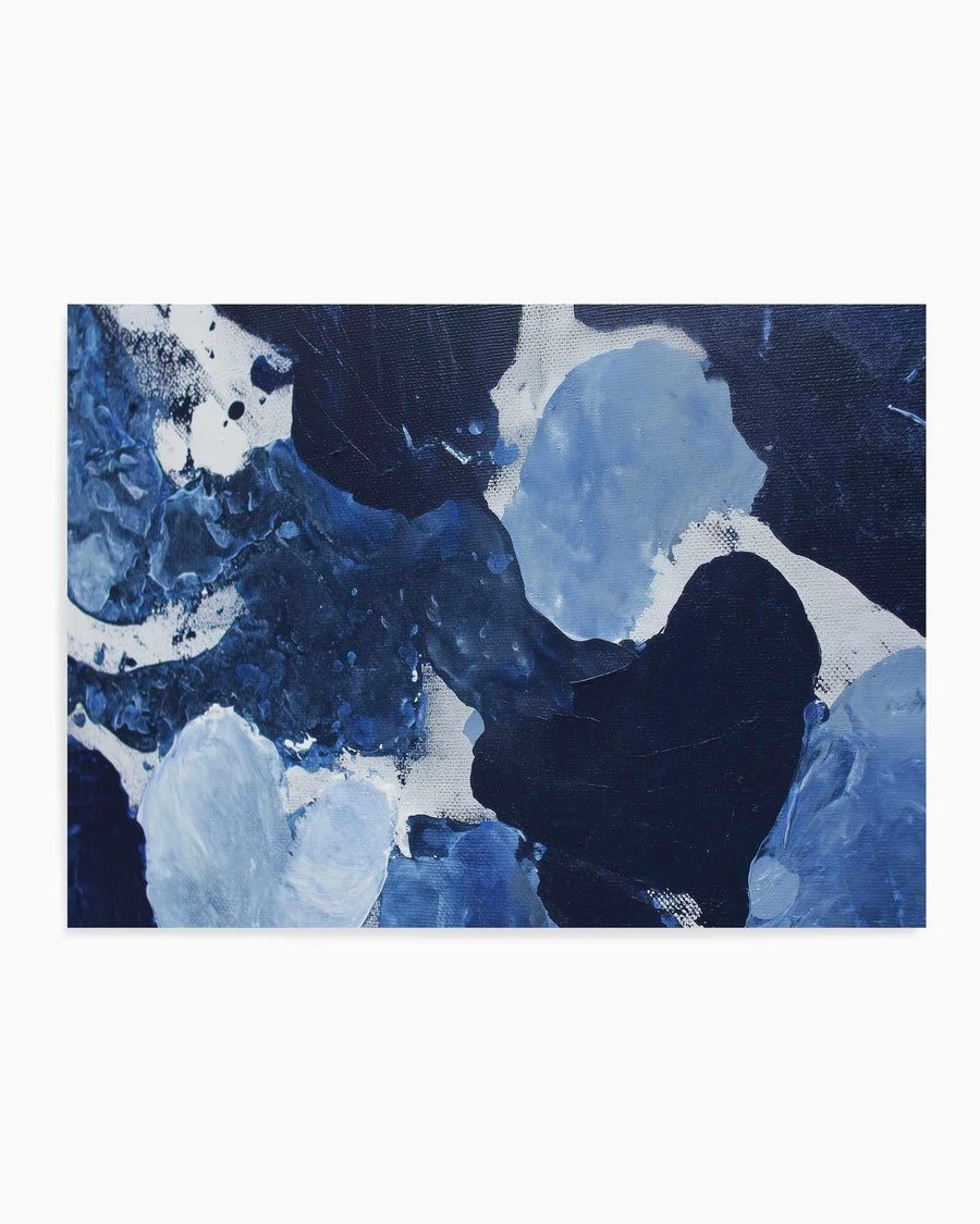 Abstract art print titled "Midnight Current II" featuring dynamic brushstrokes in deep navy blue, black, and white. Light blue and white organic shapes create contrast against dark blue textured background, suggesting flowing water or currents. Oil paint-like finish with visible brushwork and layered composition. Canvas print displayed with white border on neutral background.