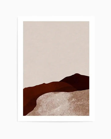 Abstract art print featuring minimalist desert landscape with rolling hills in deep reddish-brown and dark maroon, set against a textured sandy foreground in beige and light brown, all under a pale cream sky. Printed on fine art paper with a matte finish.