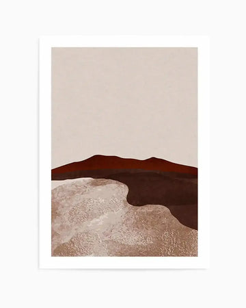 Abstract art print featuring a minimalist desert landscape with a deep reddish-brown mountain range against a pale beige sky, and a textured foreground in shades of light brown and dark brown, suggestive of sand dunes.