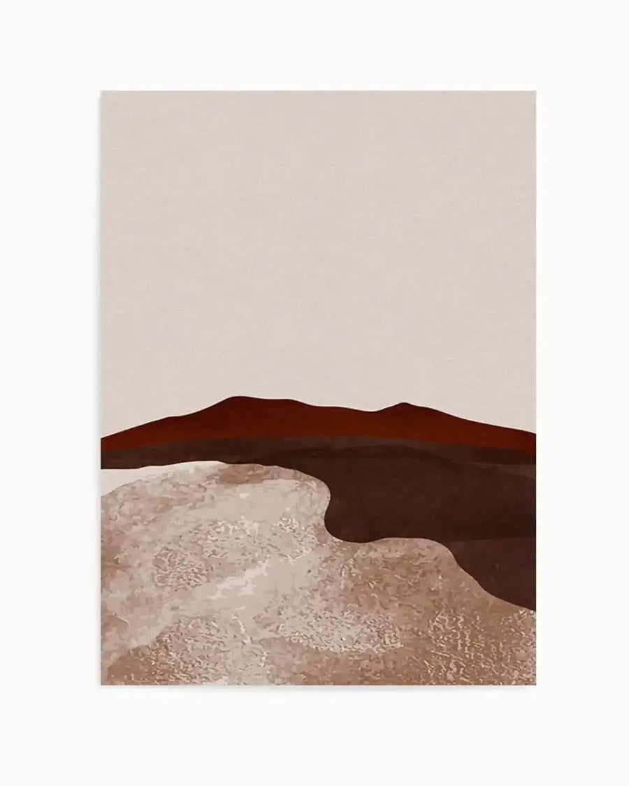 Abstract art print featuring a minimalist desert landscape with rolling hills in deep reddish-brown against a pale beige sky. The foreground has textured, lighter beige and brown shapes suggestive of sand dunes or rock formations, with a darker brown shadow-like shape flowing through them.