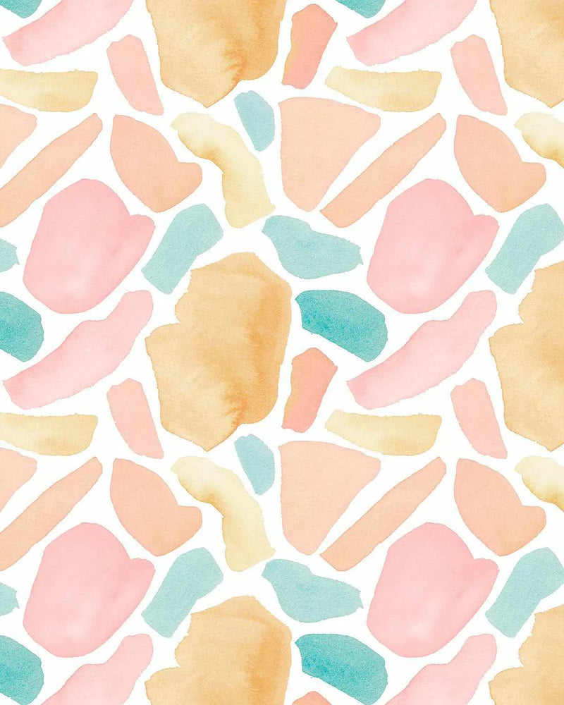 Peel and stick wallpaper featuring a repeating pattern of abstract shapes in soft watercolour hues of blush pink, peach, golden yellow, and light teal on a white background. The shapes have organic, irregular edges and visible brushstroke textures, reminiscent of terrazzo fragments.
