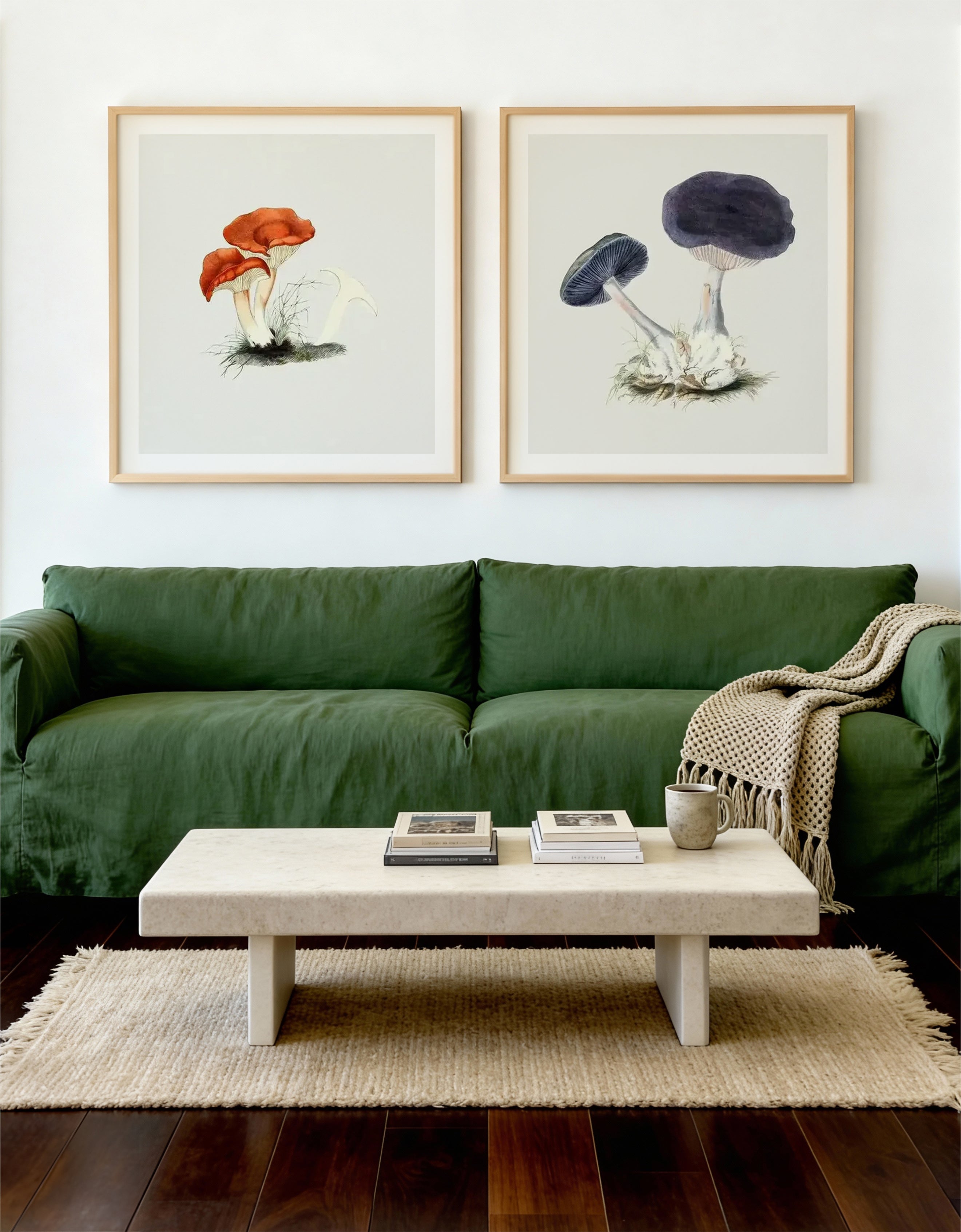 Milkcap Mushroom & Violet Mushroom Vintage Illustration Art Print Set of 2 | Matching Wall Art