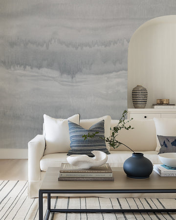 Mineral Fade Panoramic Painted Mural in Grey Wallpaper from Olive et Oriel where you can shop wallpaper and artworks online