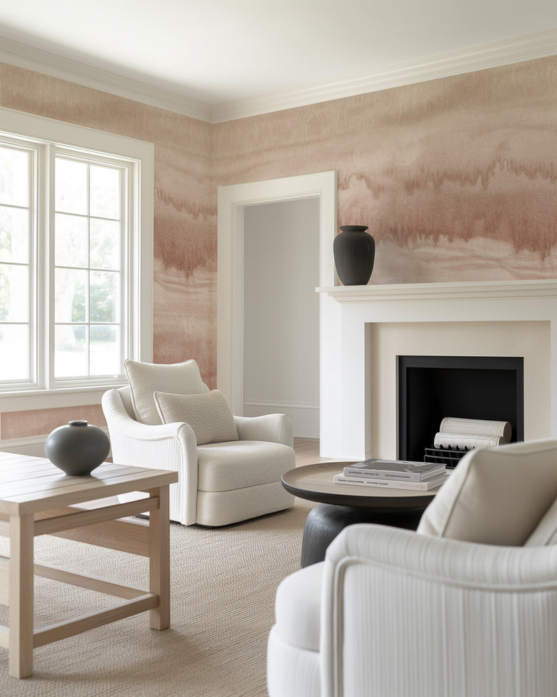 Mineral Fade Panoramic Painted Mural in Pink Clay Wallpaper from Olive et Oriel where you can shop wallpaper and artworks online