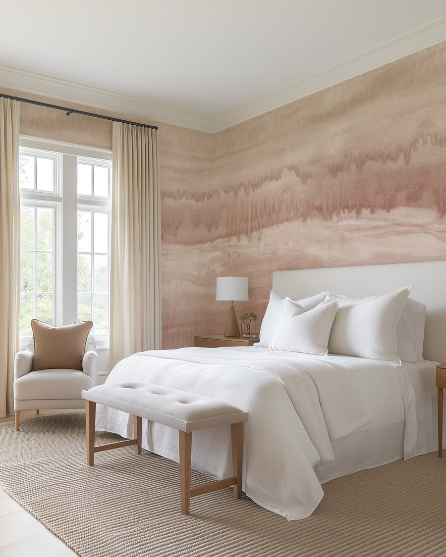 Mineral Fade Panoramic Painted Mural in Pink Clay Wallpaper from Olive et Oriel where you can shop wallpaper and artworks online