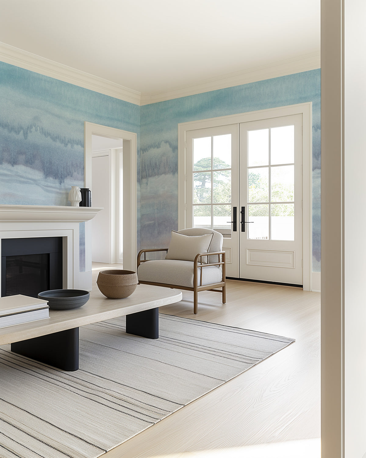 Mineral Fade Panoramic Painted Mural in Blue Wallpaper from Olive et Oriel where you can shop wallpaper and artworks online