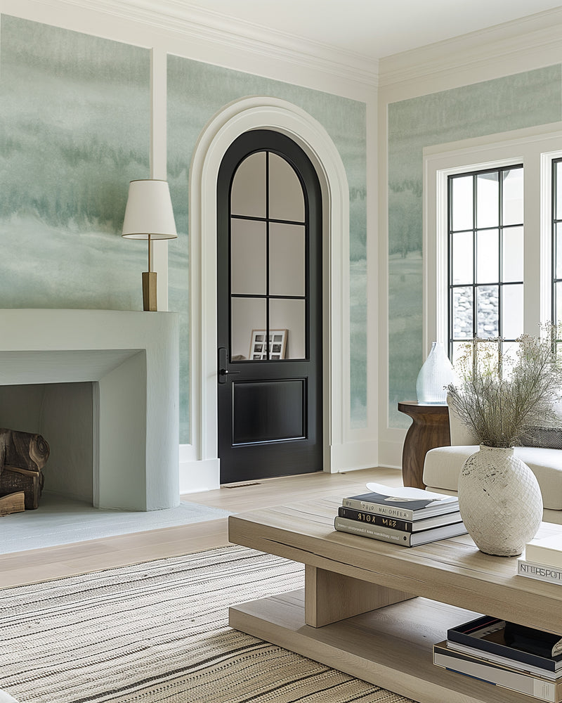 Mineral Fade Panoramic Painted Mural in Sage Green Wallpaper from Olive et Oriel where you can shop wallpaper and artworks online