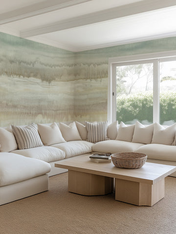 Mineral Fade Panoramic Painted Mural in Stone Taupe Wallpaper from Olive et Oriel where you can shop wallpaper and artworks online