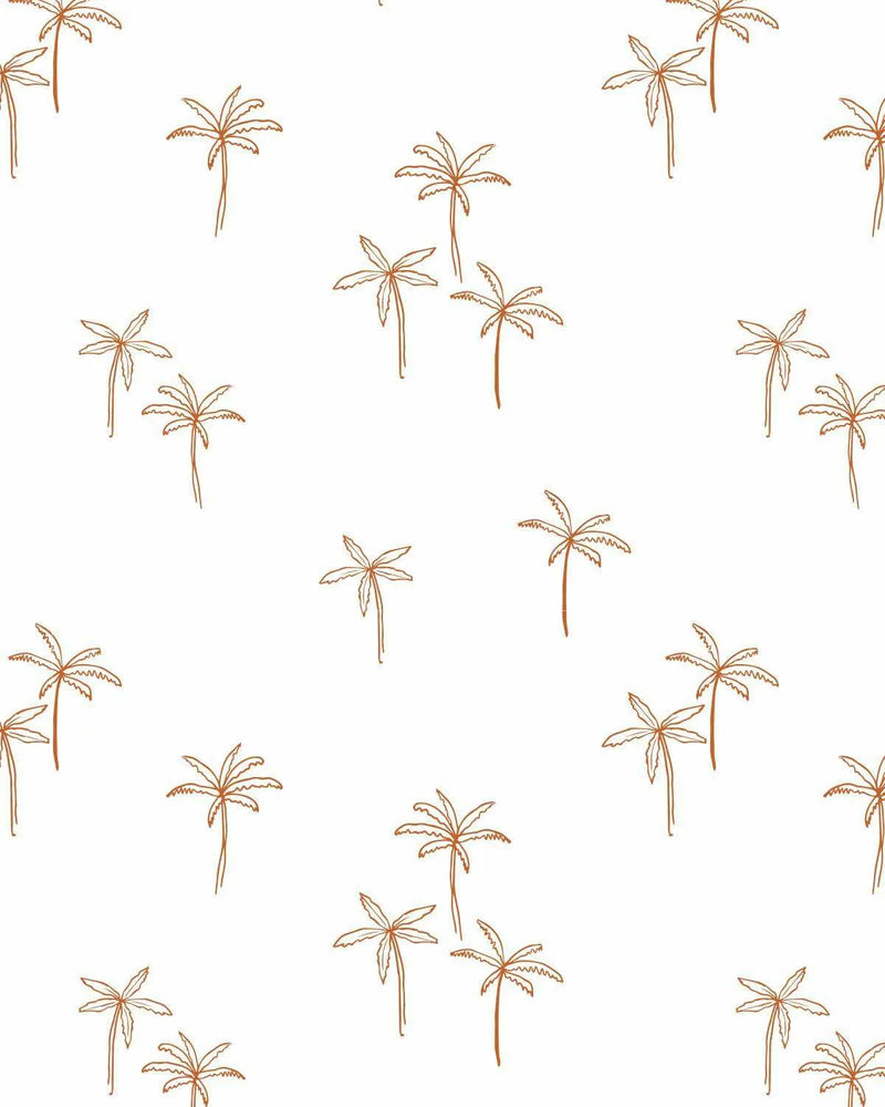 Peel and stick wallpaper featuring a repeating pattern of hand-drawn palm trees in a bronzed brown outline on a crisp white background. The tropical design has a loose, organic illustrative quality with visible line texture.