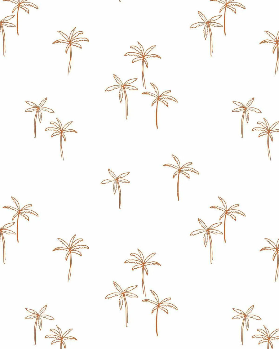 Peel and stick wallpaper featuring a repeating pattern of hand-drawn palm trees in a bronzed brown outline on a crisp white background. The tropical design has a loose, organic illustrative quality with visible line texture.