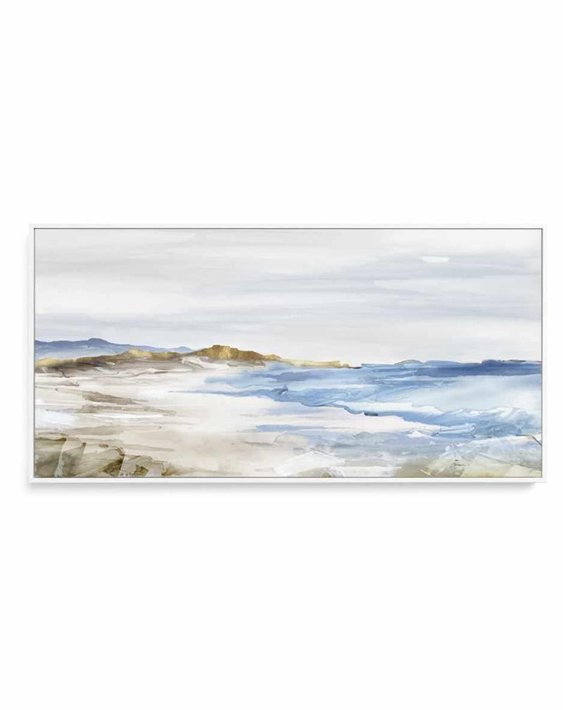 Misty Blue Beach | Panoramic Canvas Art Print from Olive et Oriel where you can shop wallpaper and artworks online