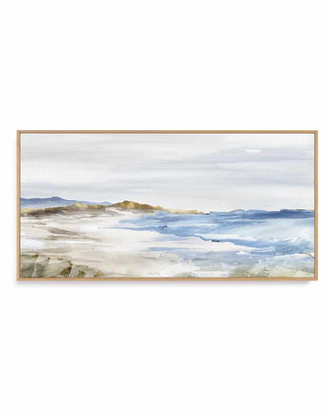 Misty Blue Beach | Panoramic Canvas Art Print from Olive et Oriel where you can shop wallpaper and artworks online