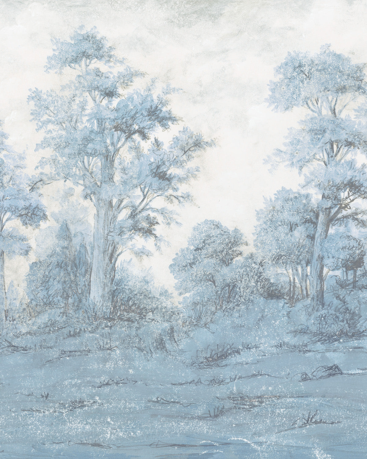 Misty Blue Forest Panoramic Painted Mural Wallpaper