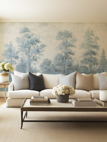 Misty Blue Forest Panoramic Painted Mural Wallpaper from Olive et Oriel where you can shop wallpaper and artworks online
