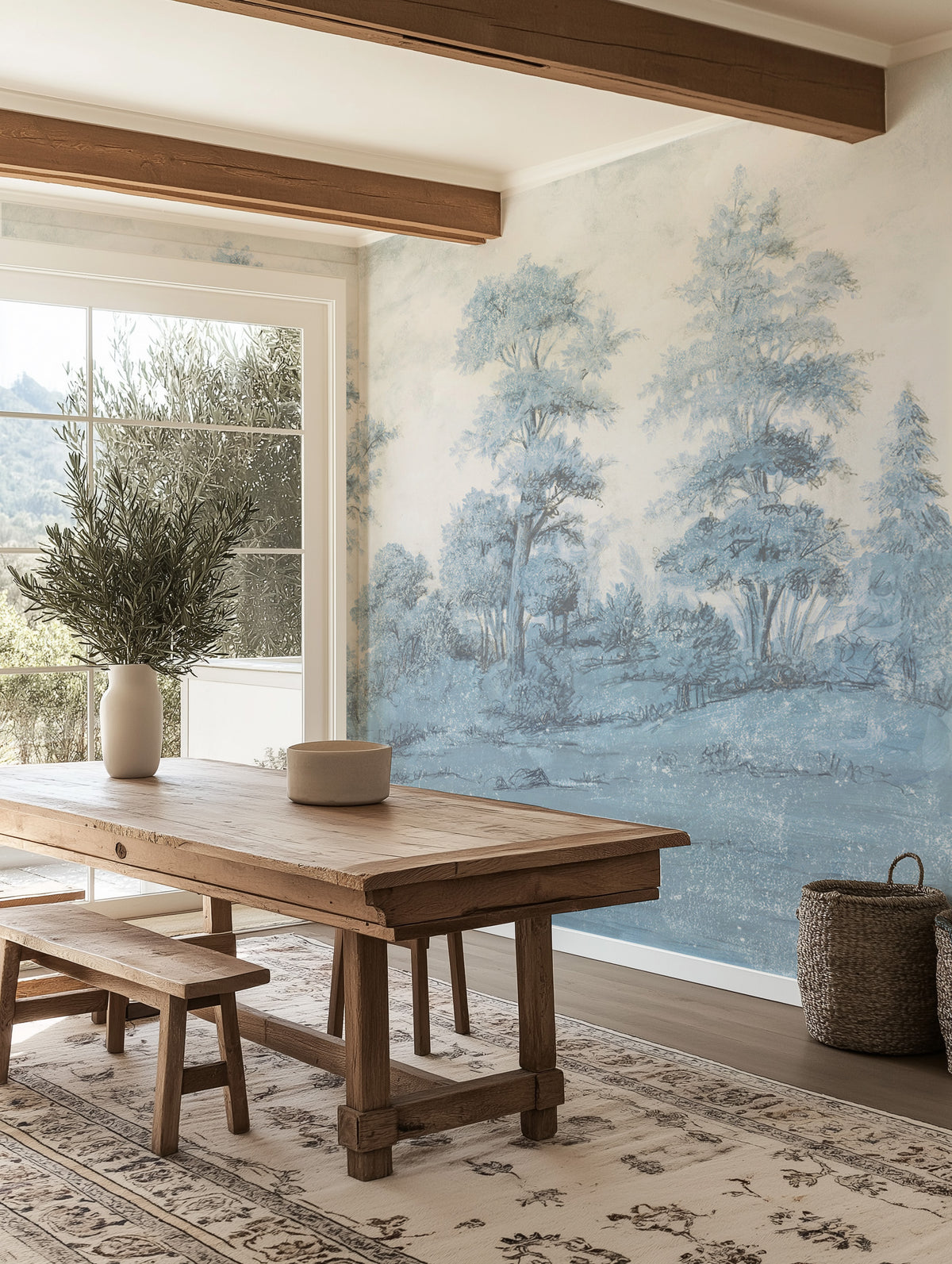 Misty Blue Forest Panoramic Painted Mural Wallpaper from Olive et Oriel where you can shop wallpaper and artworks online