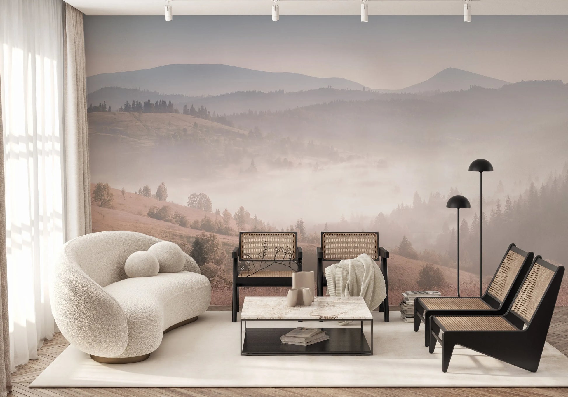 Misty Pastures Photo Mural Wallpaper from Olive et Oriel where you can shop wallpaper and artworks online