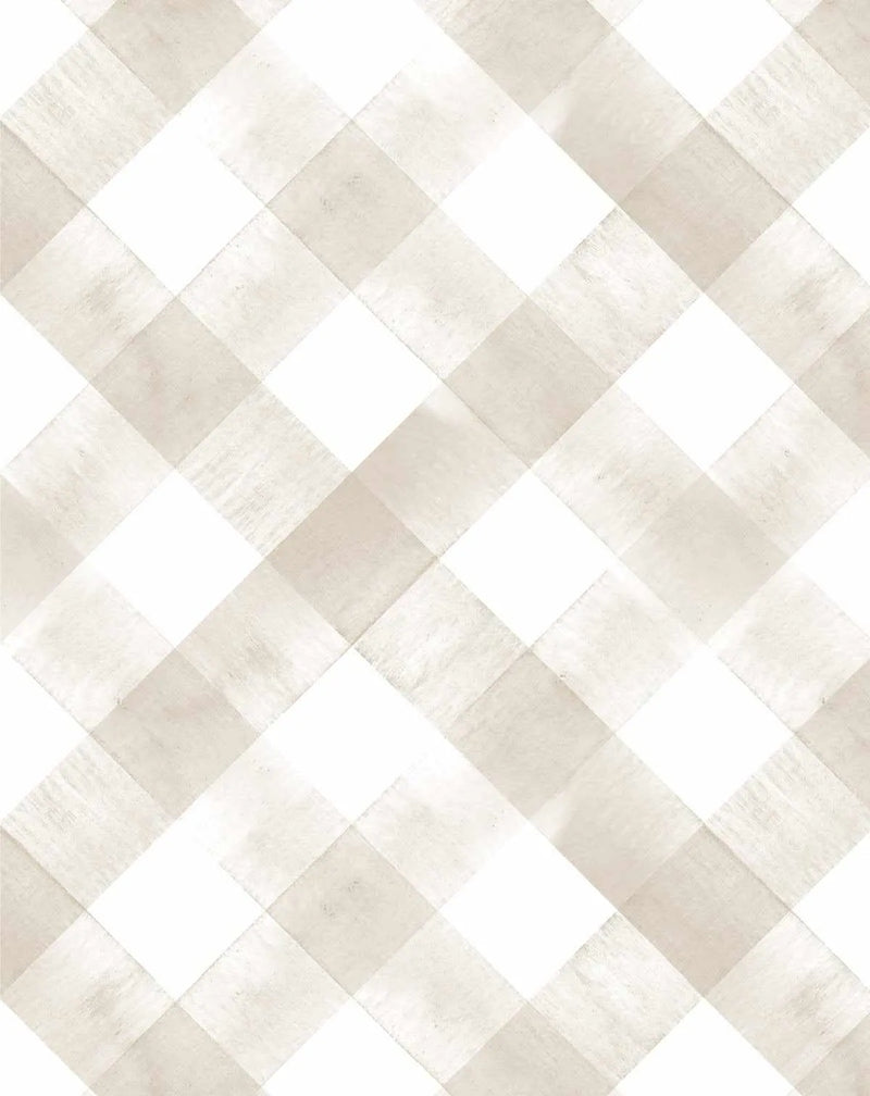 Peel and stick wallpaper featuring a repeating pattern of hand-painted diagonal checks in warm caramel and soft white. The design has a loose, organic watercolour quality with visible brushstroke texture, creating a subtle gingham-like effect.