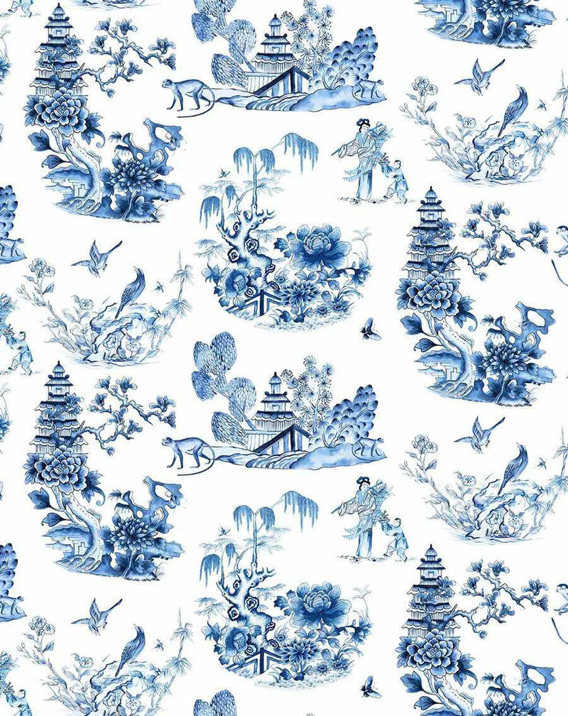Peel and stick wallpaper featuring a repeating pattern of traditional blue and white chinoiserie motifs. The design includes pagodas, flowering trees with large blossoms, monkeys, birds, butterflies, and figures in traditional dress, all rendered in a hand-painted watercolor style with visible brushstroke texture on a clean white background.