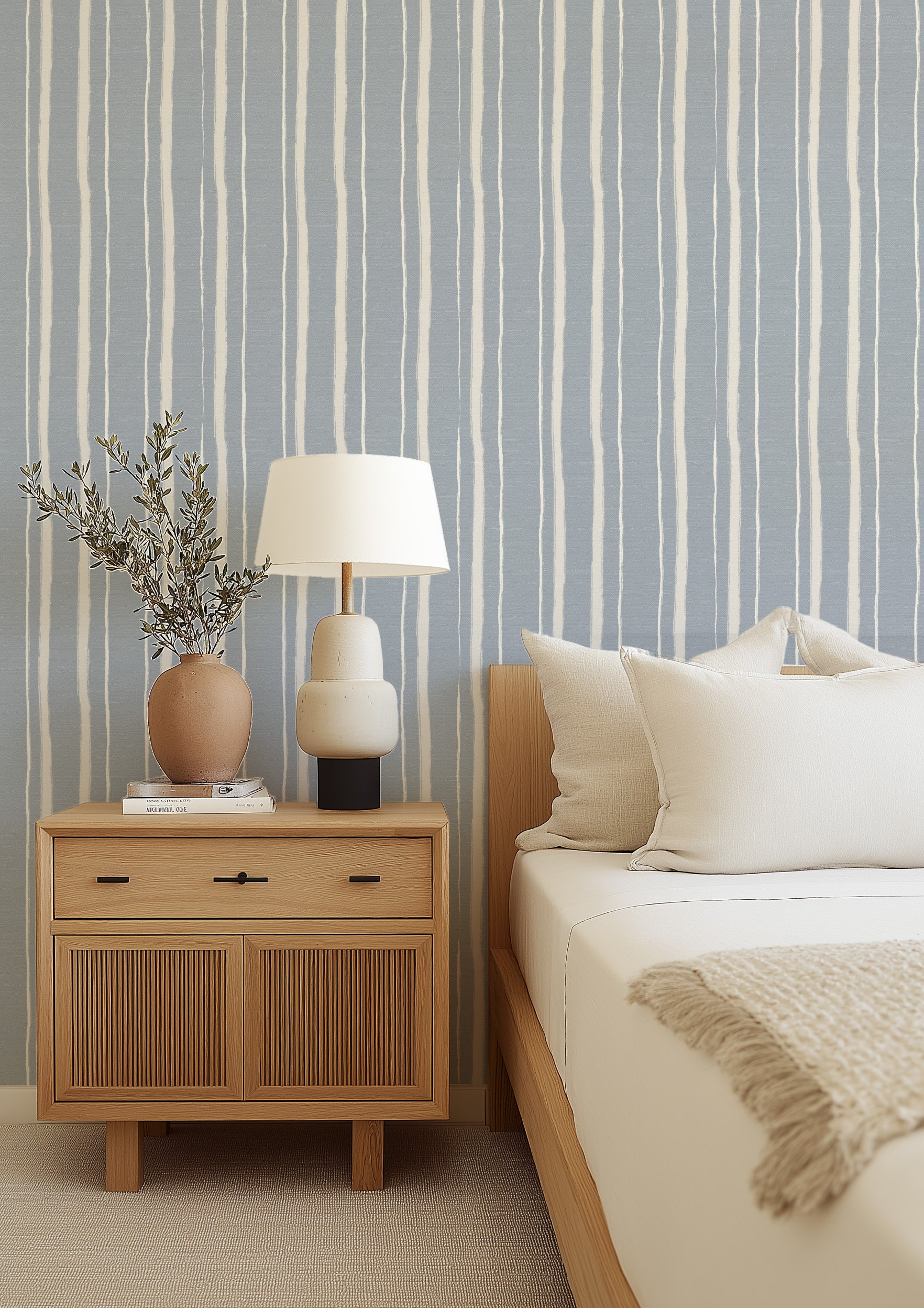 Modern Mediterranean Stripe in Blue Wallpaper from Olive et Oriel where you can shop wallpaper and artworks online