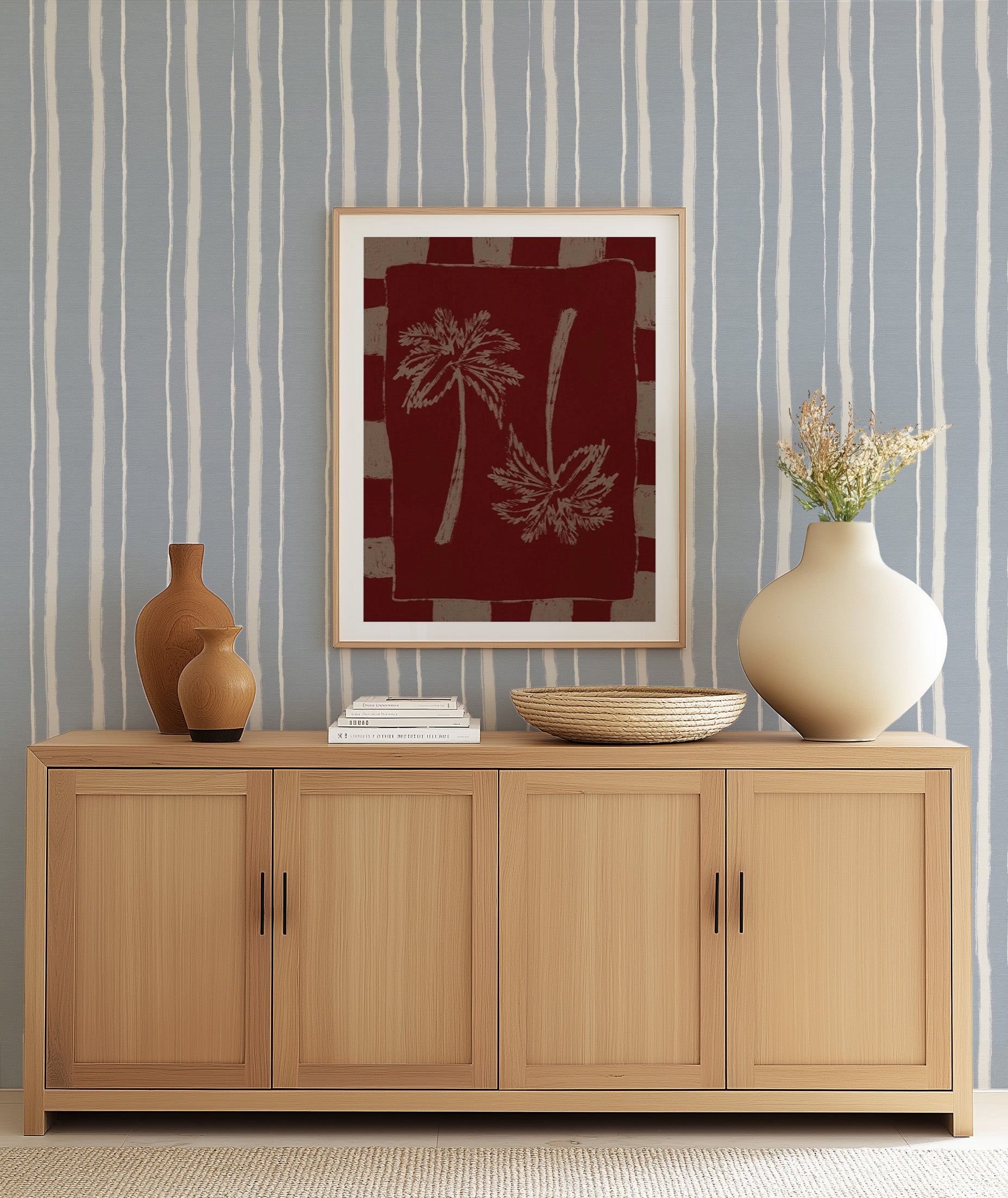 Modern Mediterranean Stripe in Blue Wallpaper from Olive et Oriel where you can shop wallpaper and artworks online