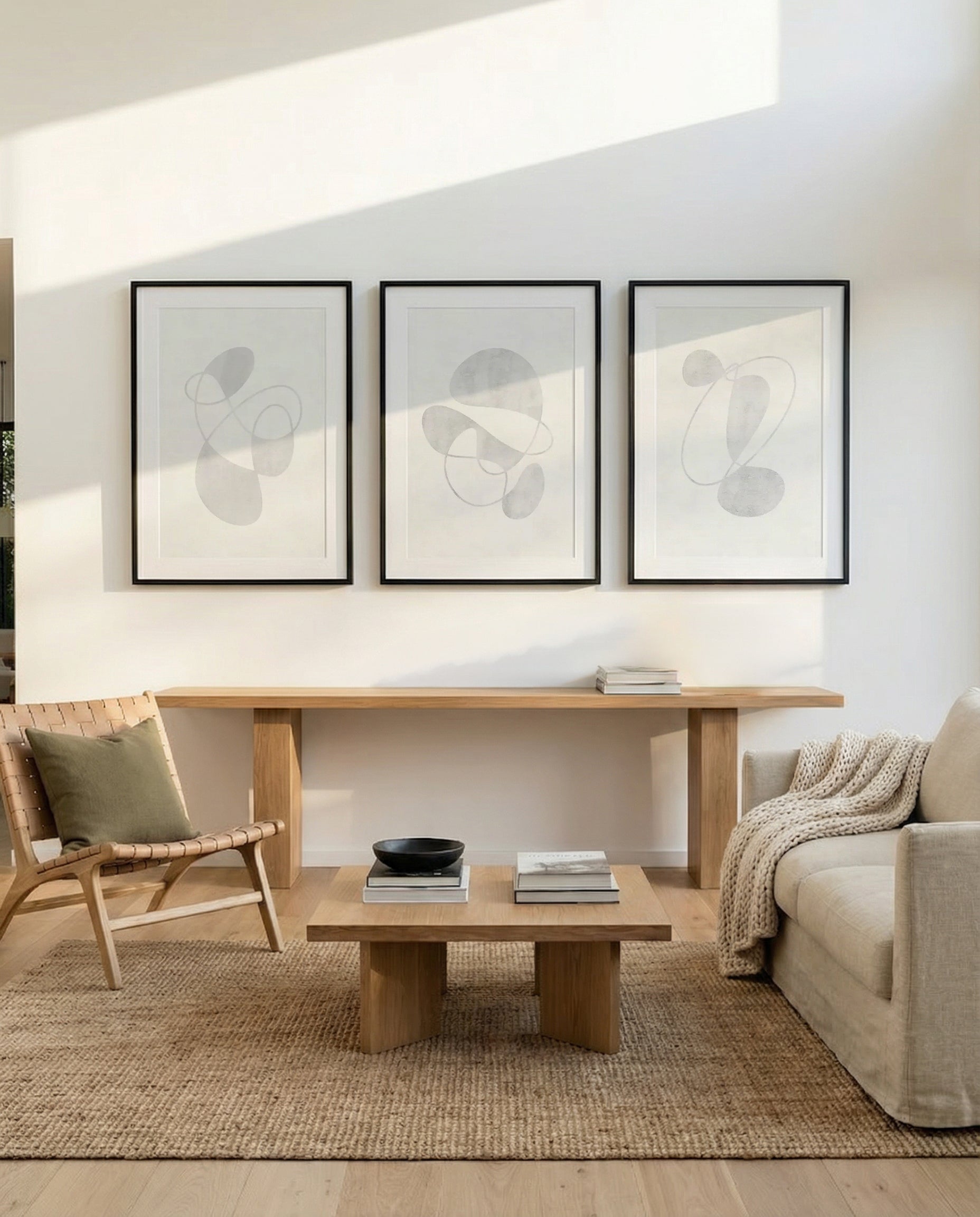 Modernism I, II & III | 3 Piece Wall Art Set in Grey and White abstract art print oak frame with white border