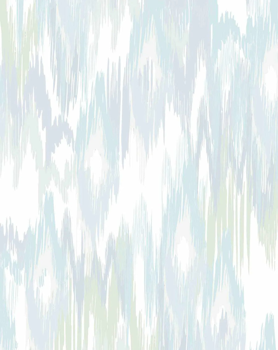 Molten Wave wallpaper in Ion colorway featuring an abstract vertical striped pattern with flowing, brushstroke-like streaks in soft blue-grey, pale yellow-green, and white tones creating a watercolor effect across the entire surface.