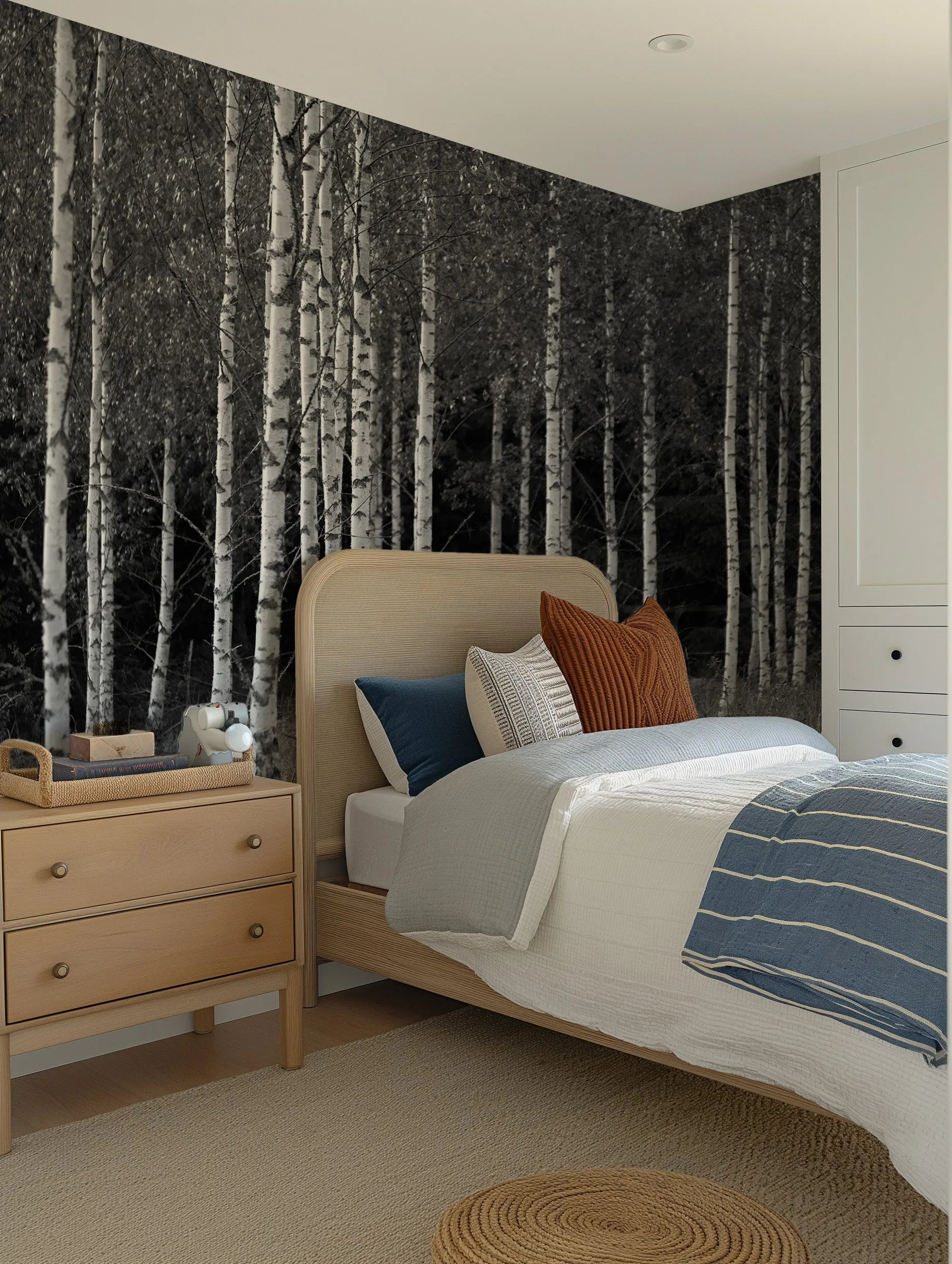 Monochrome Birch Forest Wallpaper from Olive et Oriel where you can shop wallpaper and artworks online