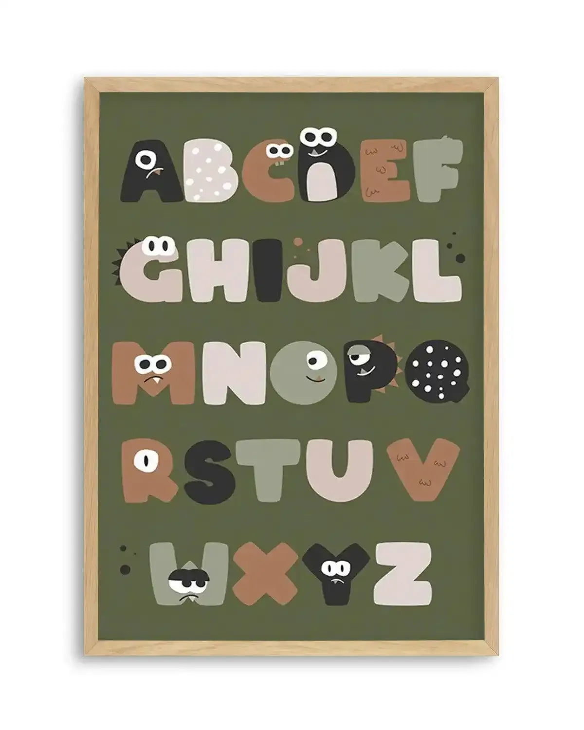 Monster Alphabet | Khaki Art Print from Olive et Oriel where you can shop wallpaper and artworks online